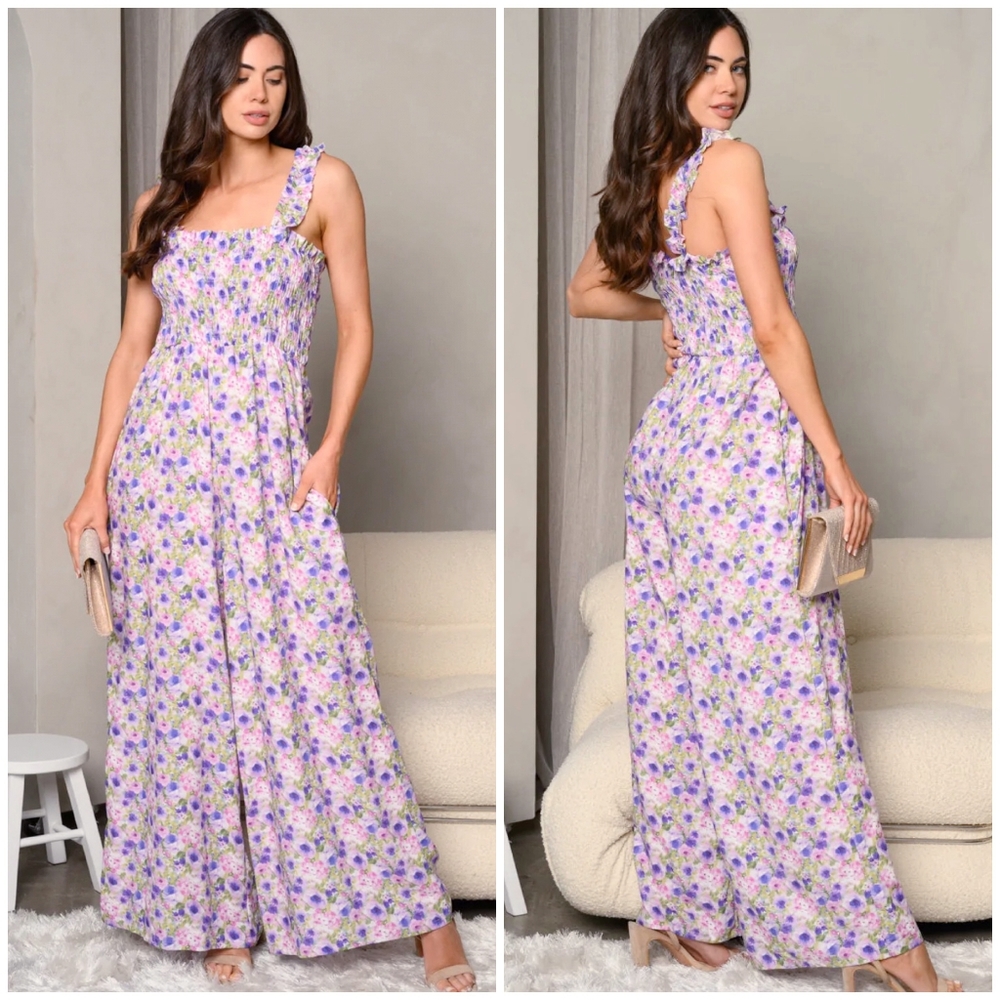 Jacquie The Label Lavender Floral Wide Leg Palazzo Jumpsuit
